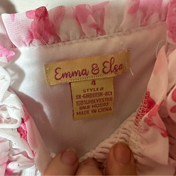 Emma & Elsa Dress Girls Size 4 White & Pink Flower Print Dress w/Ruffles - Picture 3 of 6